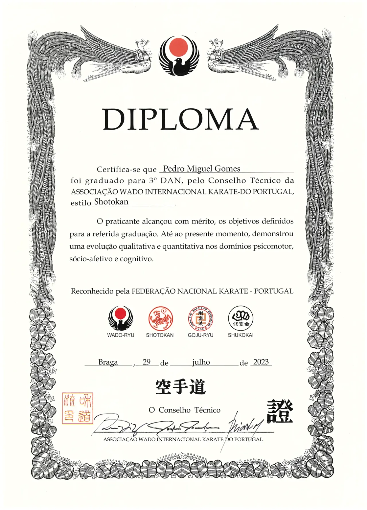 Diploma da Associação Wado Internacional Karate-Do Portugal, de 29 de julho de 2023: Pedro Miguel Gomes graduado para 3º Dan, estilo Shotokan