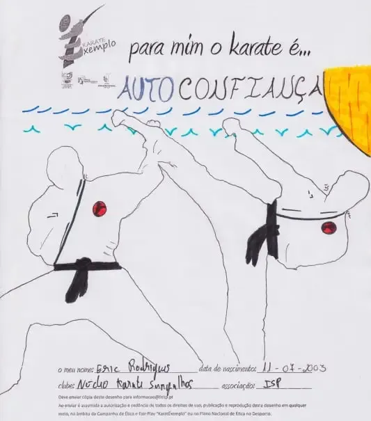 Desenho de um atleta do NKS para a campanha KaratExemplo: «Para mim o karate é… autoconfiança», com dois karatecas a dar pontapés